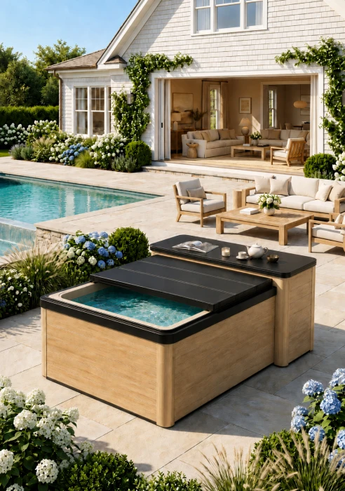 Cover Spa Box ouverte devant une maison